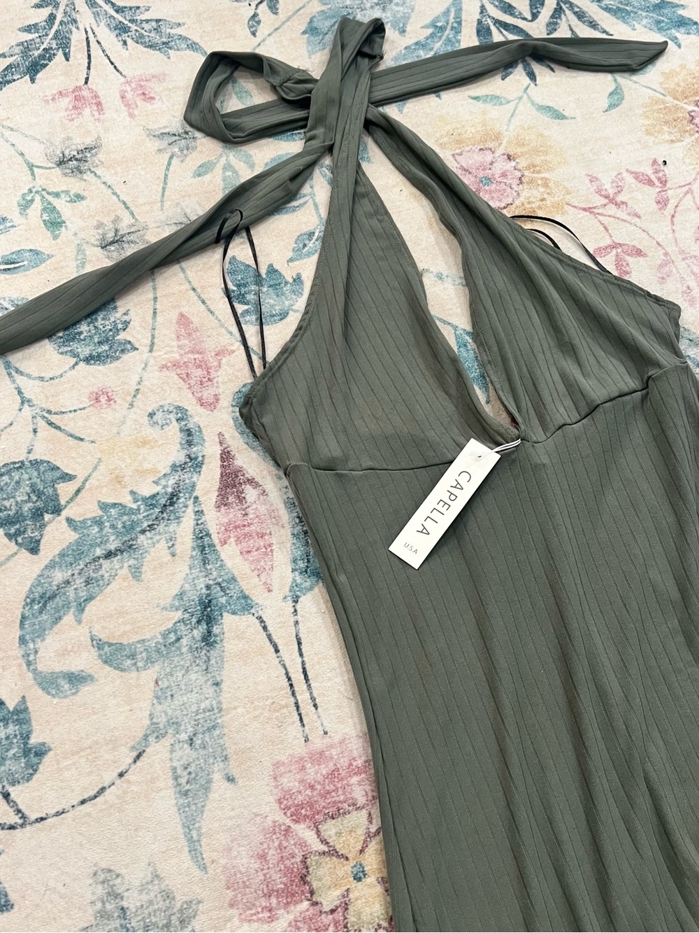 Women's Olive Green Ribbed Halter Jumpsuit